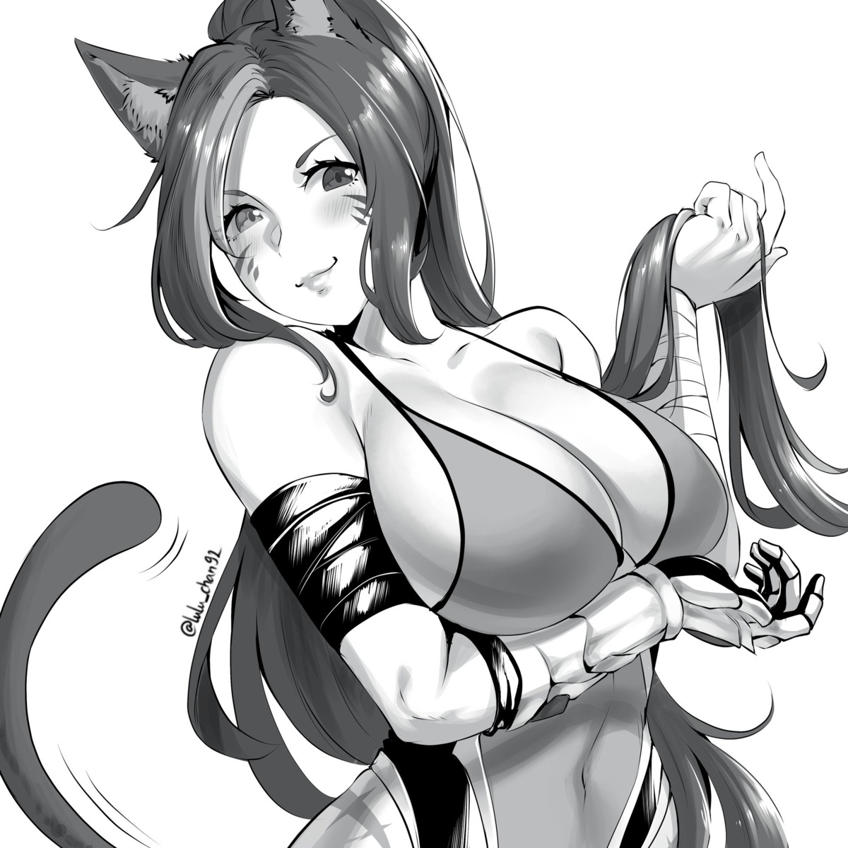 animal_ears bandages breast_hold final_fantasy leotard lulu-chan92 miqo'te monochrome no_bra tail