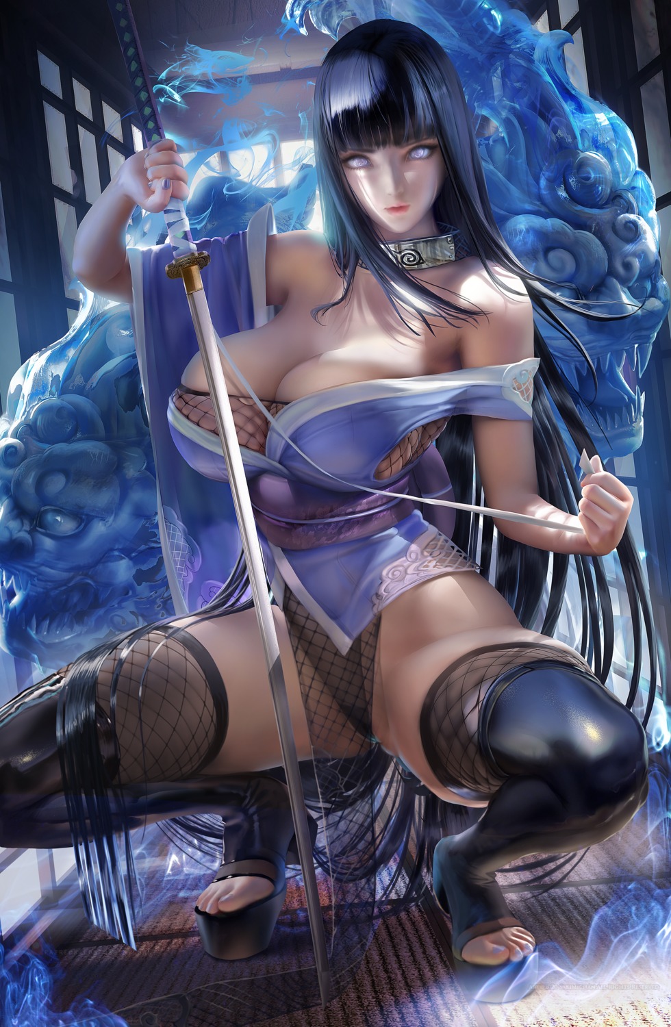 fishnets hyuuga_hinata japanese_clothes leotard naruto no_bra sakimichan sword thighhighs