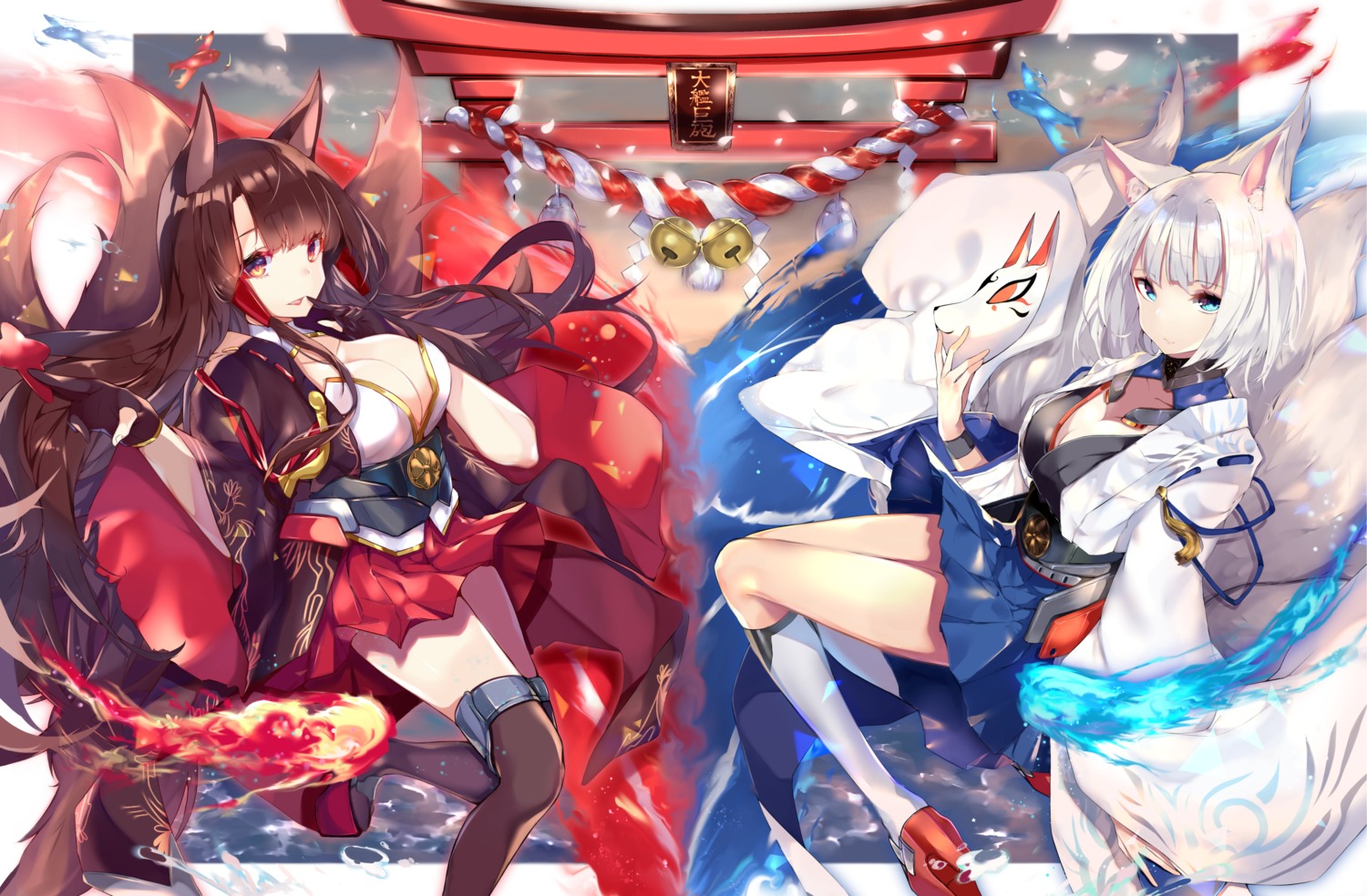 akagi_(azur_lane) animal_ears azur_lane cleavage heels japanese_clothes kaga_(azur_lane) kikuragetom kitsune no_bra tail thighhighs