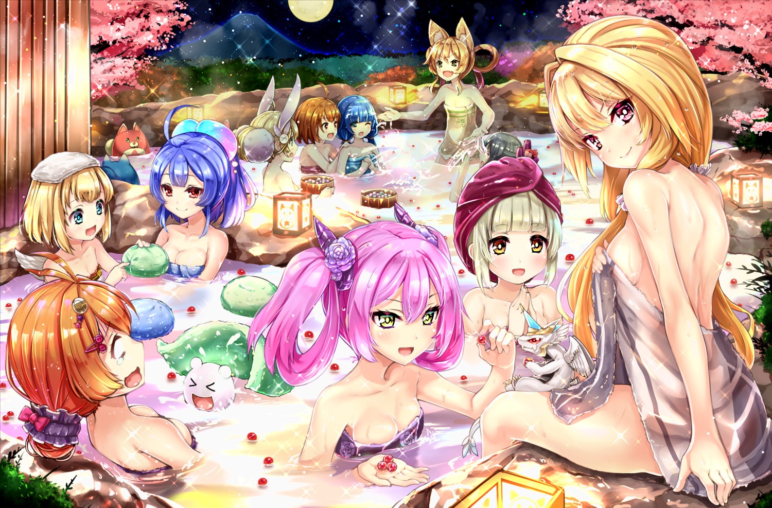 animal_ears bathing breast_hold bunny_ears horns nyamaln onsen shironeko_project towel wet