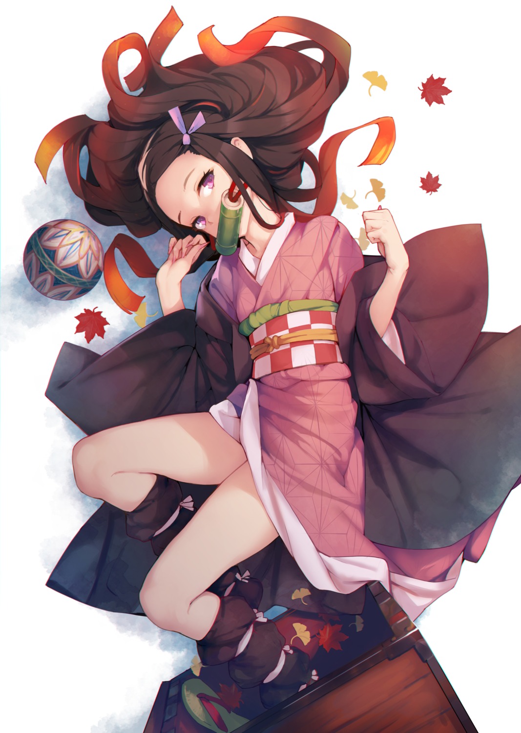 ataruman japanese_clothes kamado_nezuko kimetsu_no_yaiba skirt_lift