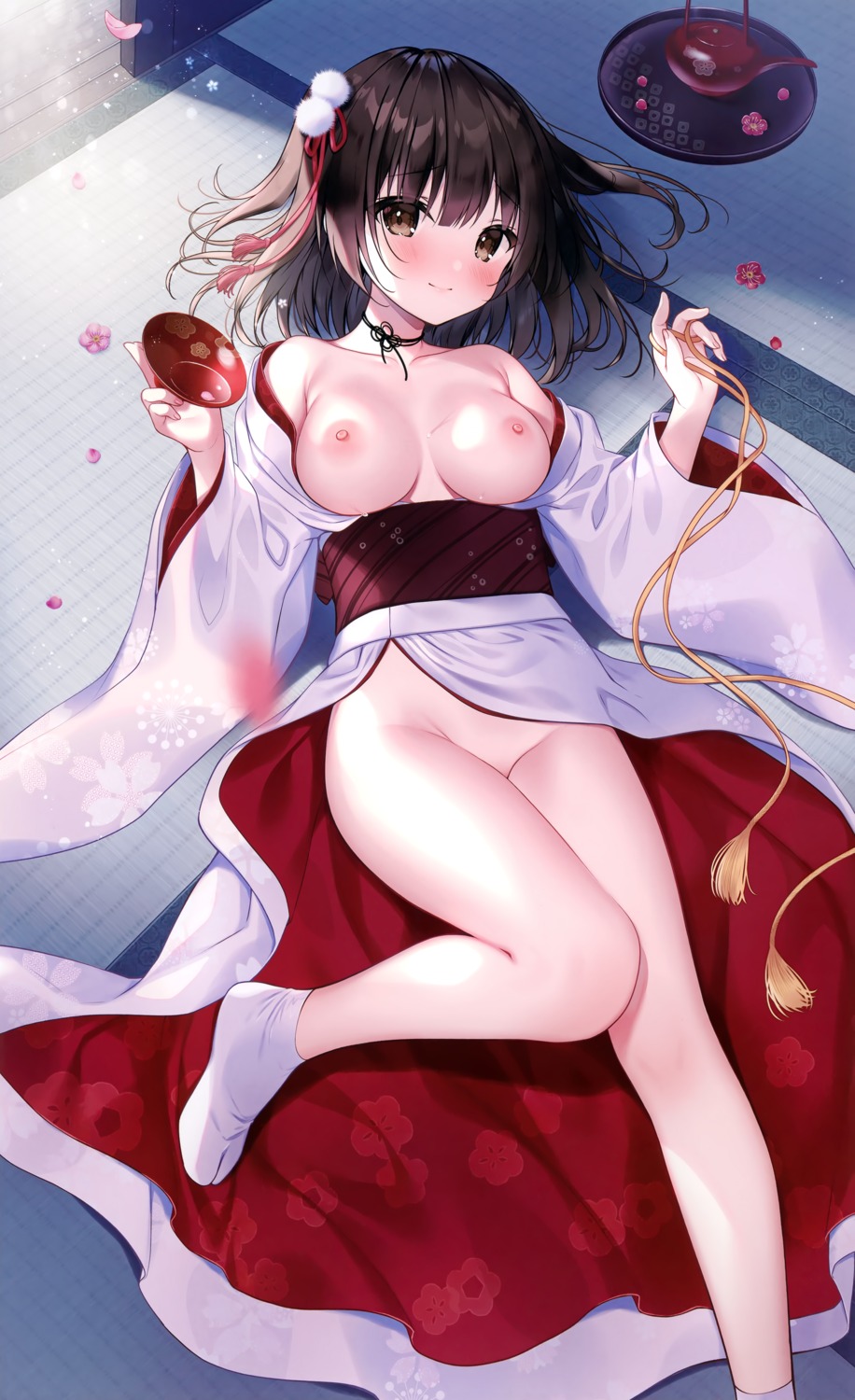 breasts detexted kimono miwa_futaba nipples no_bra nopan open_shirt skirt_lift