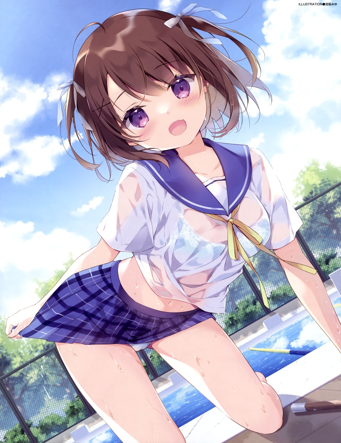 bra cameltoe miyasaka_miyu pantsu see_through seifuku skirt_lift wet wet_clothes