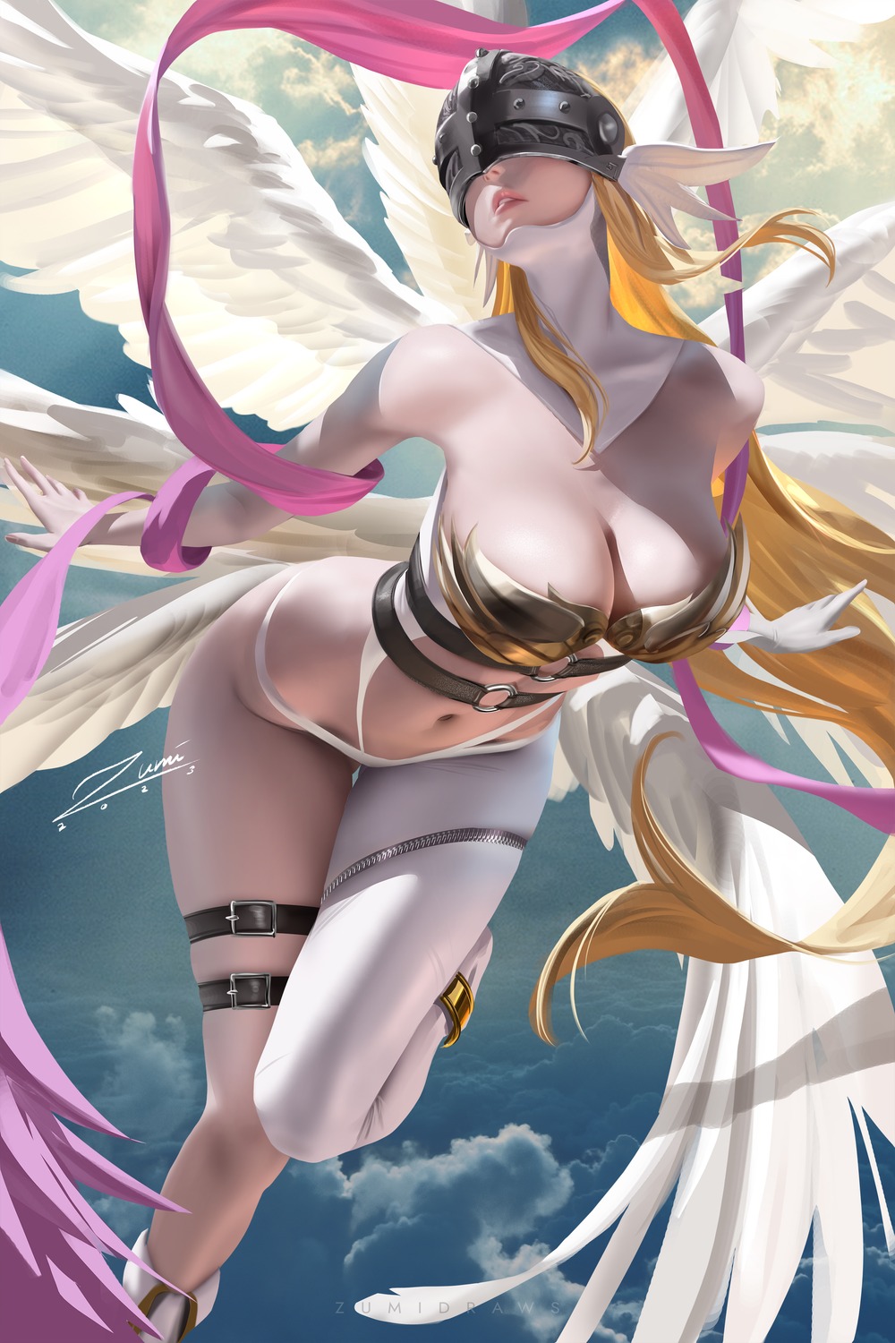 angewomon armor bikini_armor digimon garter wings zumi_(zumidraws)