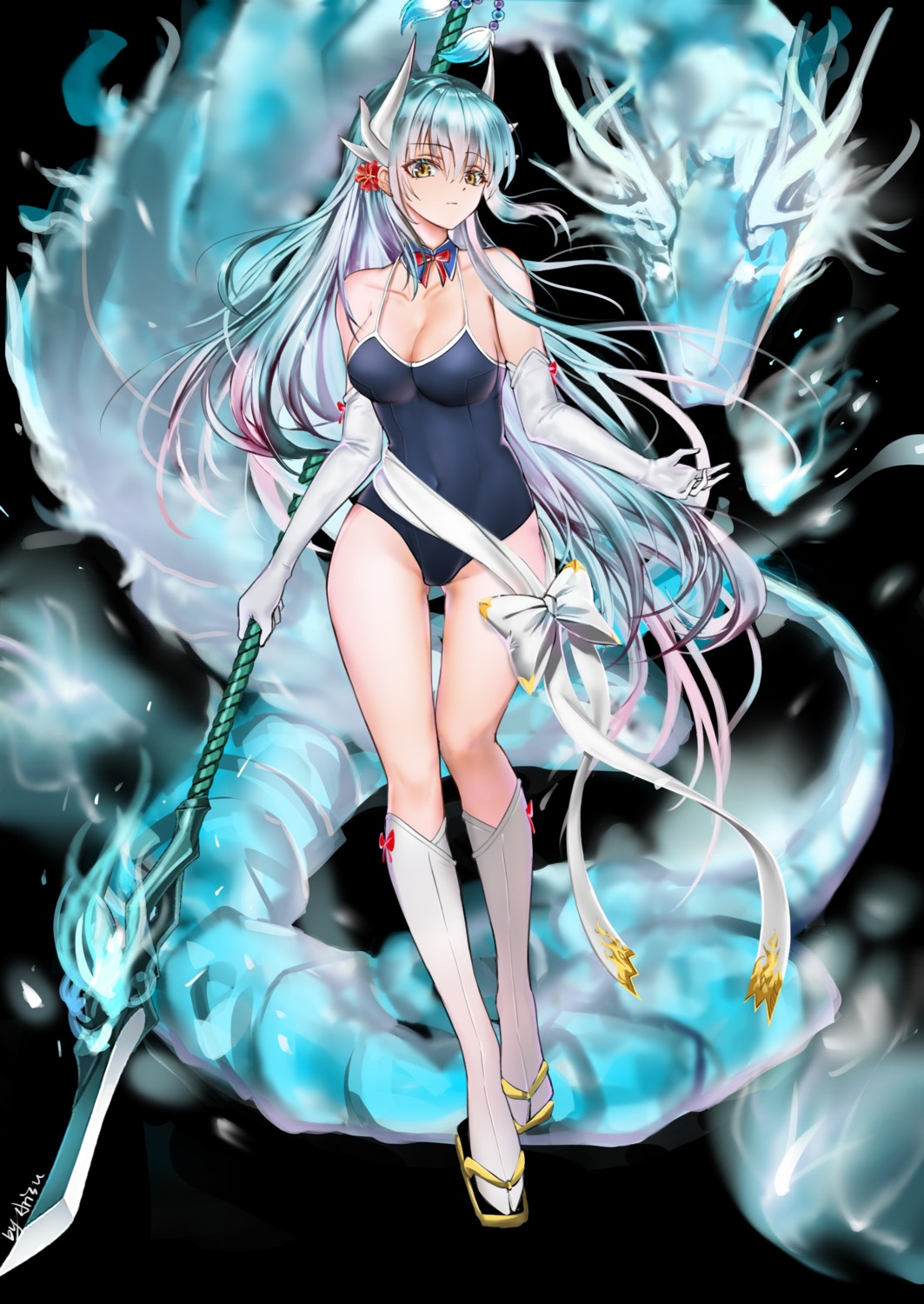 arisu_(wangyunqiu) fate/grand_order horns kiyohime_(fate/grand_order) monster school_swimsuit swimsuits weapon