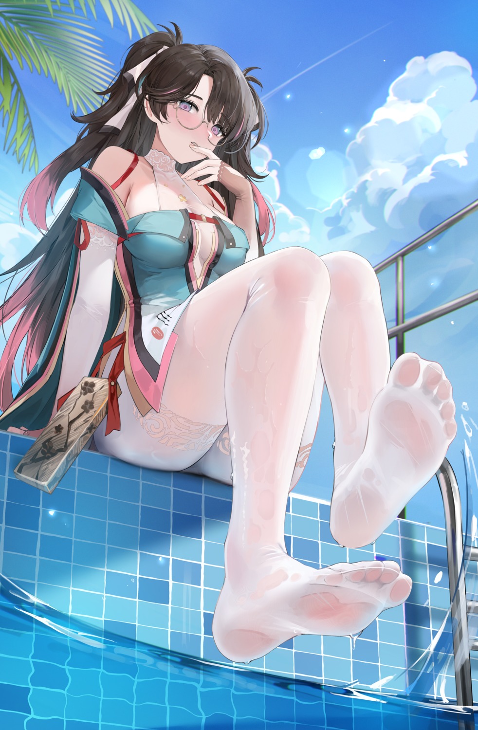 asian_clothes feet lillly megane no_bra pantyhose see_through wet wuthering_waves zhezhi