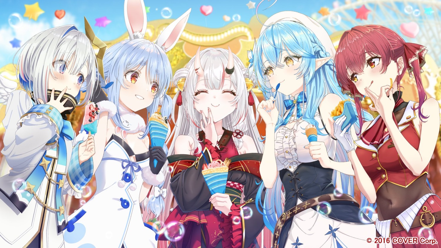 amane_kanata angel animal_ears bunny_ears elf heterochromia hololive horns houshou_marine japanese_clothes nakiri_ayame no_bra pointy_ears tlie_ilt usada_pekora wings yukihana_lamy