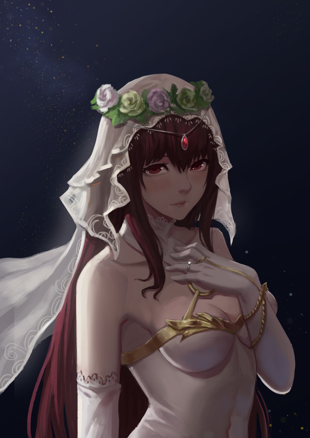 cleavage dress fate/grand_order scathach_(fate/grand_order) silver_snow wedding_dress