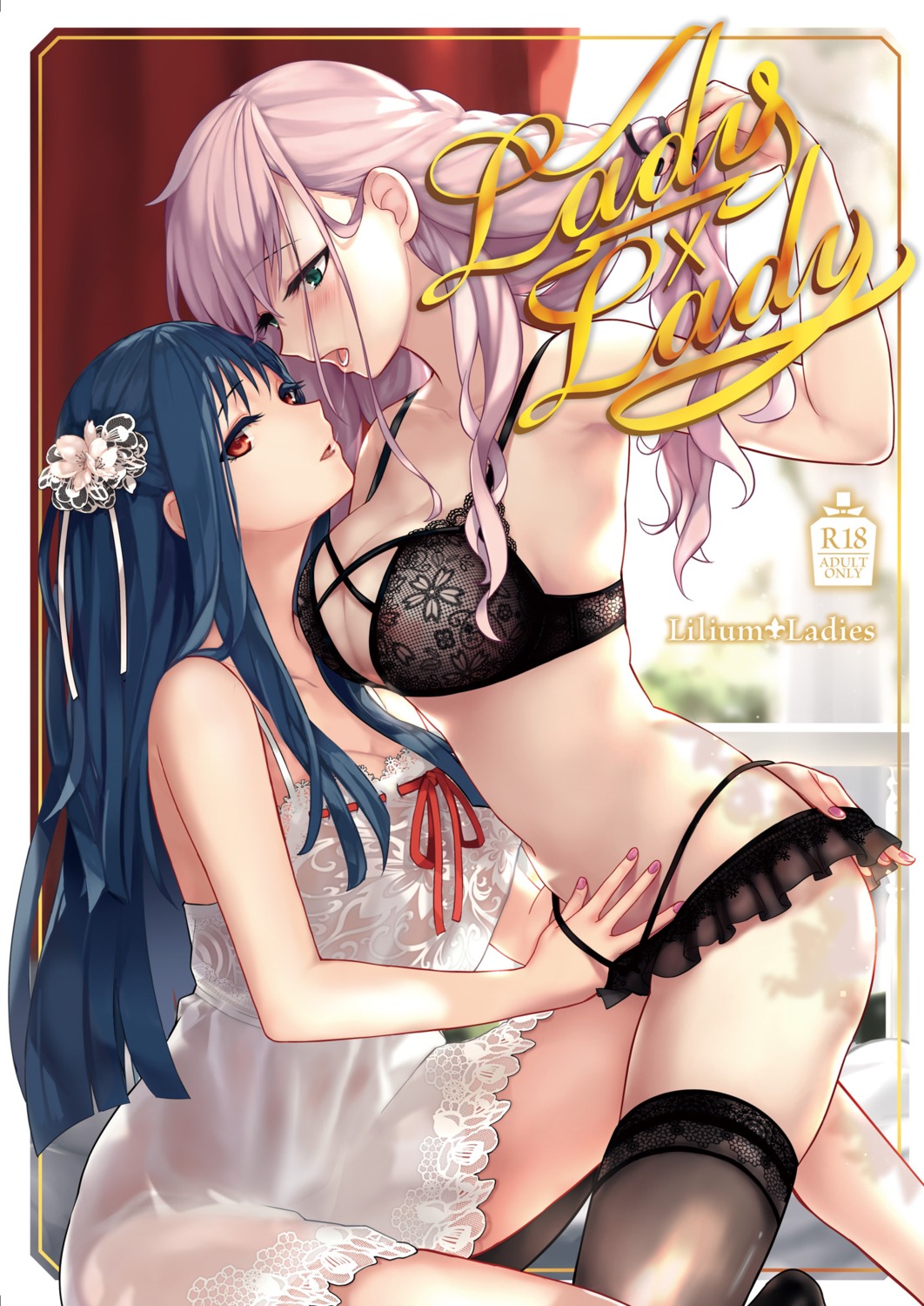 bra cleavage lingerie pantsu panty_pull see_through tendouju thighhighs undressing yuri