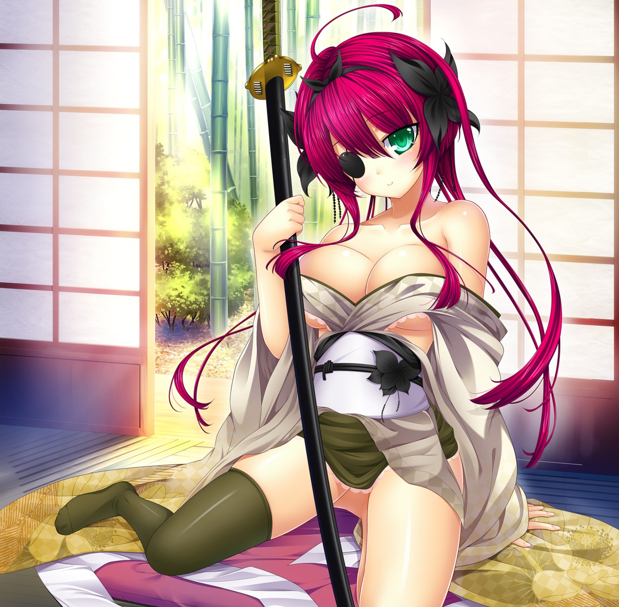 chuushingura_46＋1 chuushingura_46＋1_wacchi_to_onii-chan_no_love_love_nagaya_seikatsu eyepatch japanese_clothes no_bra nui open_shirt prekano skirt_lift sword thighhighs yamayoshi_shinpachirou