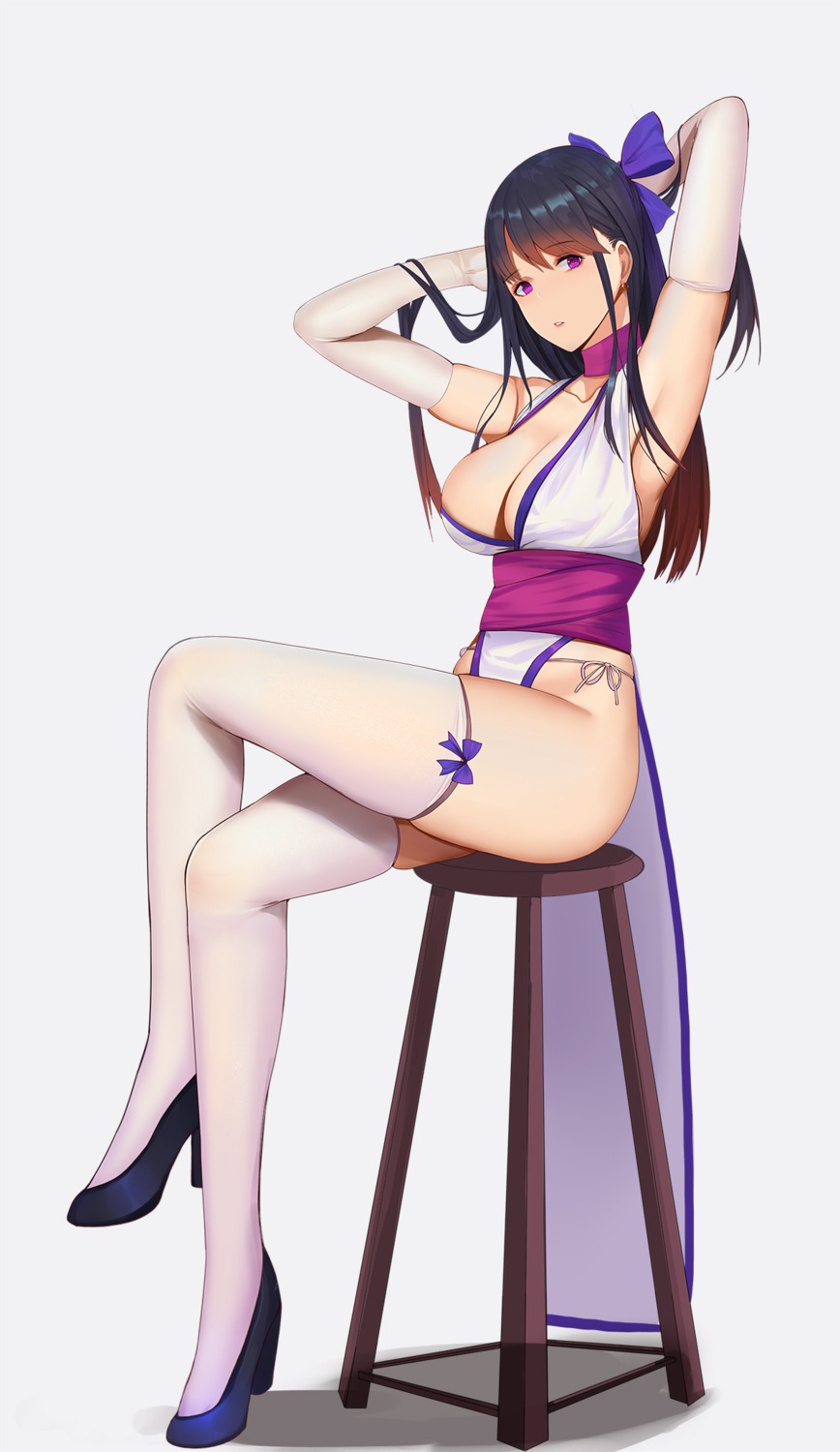 gg-e heels japanese_clothes no_bra open_shirt pantsu string_panties thighhighs