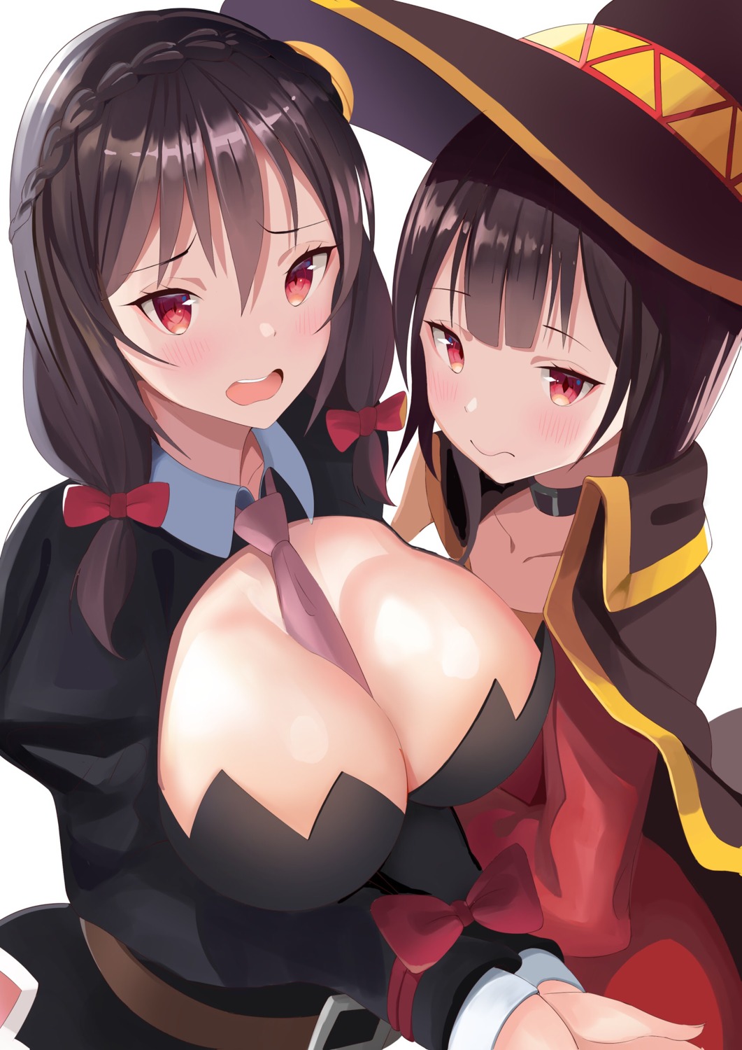 breast_hold cleavage dress kono_subarashii_sekai_ni_shukufuku_wo! megumin no_bra witch yunyun_(konosuba) zotari