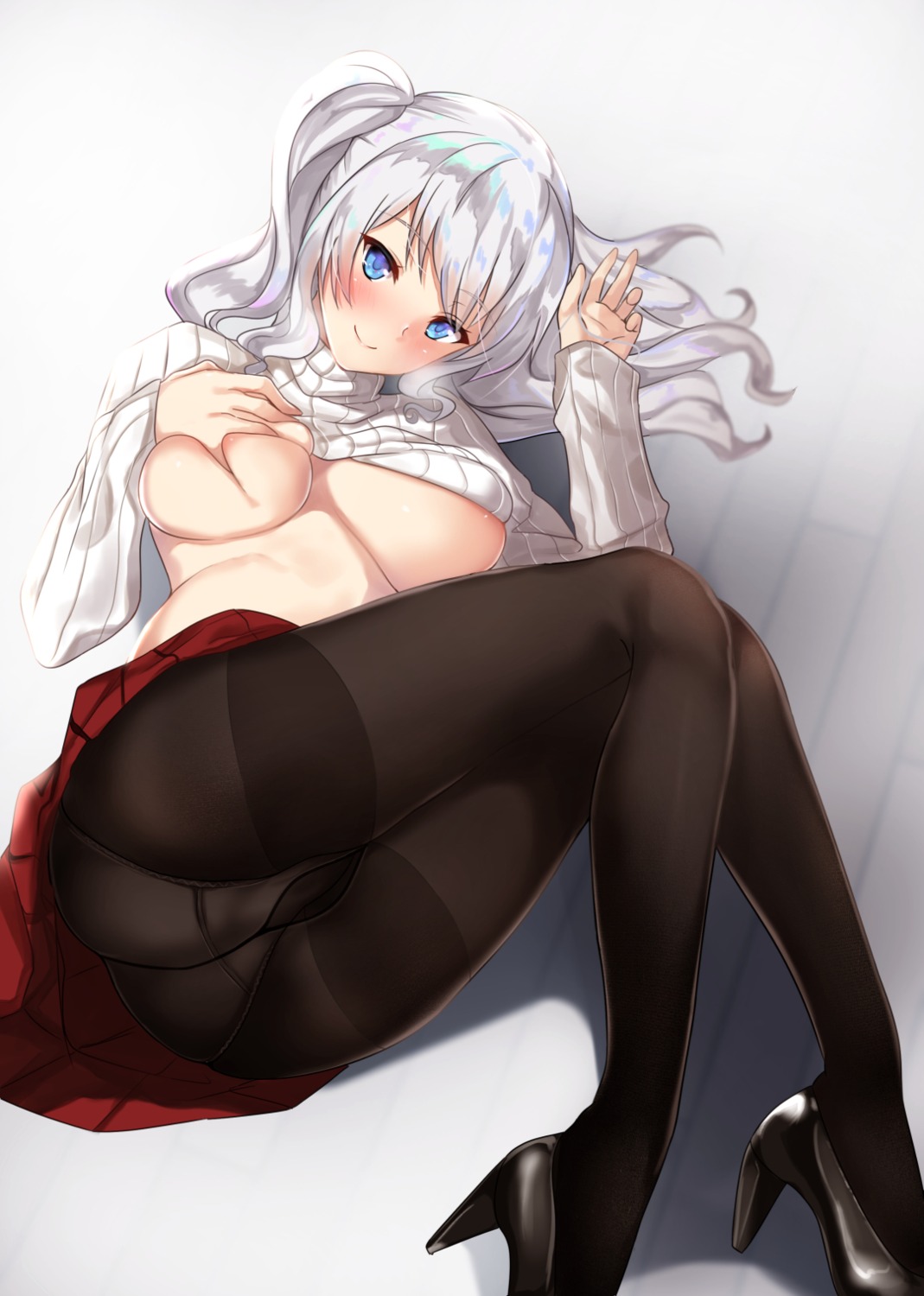 ass breast_hold heels kantai_collection kashima_(kancolle) no_bra pantsu pantyhose shirt_lift sweater untsue