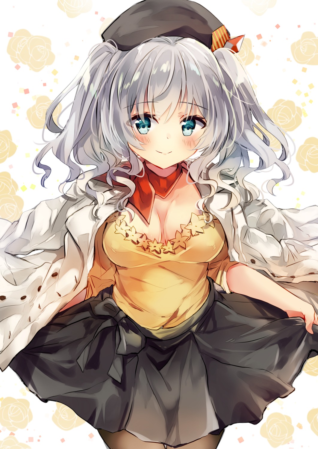 cleavage kantai_collection kashima_(kancolle) nanahamu pantyhose skirt_lift