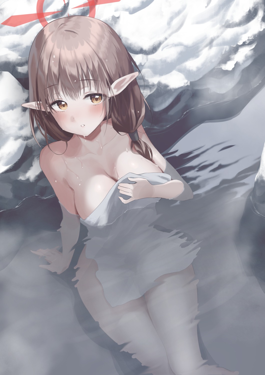 alpha_(ypalpha79) blue_archive breast_hold halo hinomiya_chinatsu naked pointy_ears towel wet