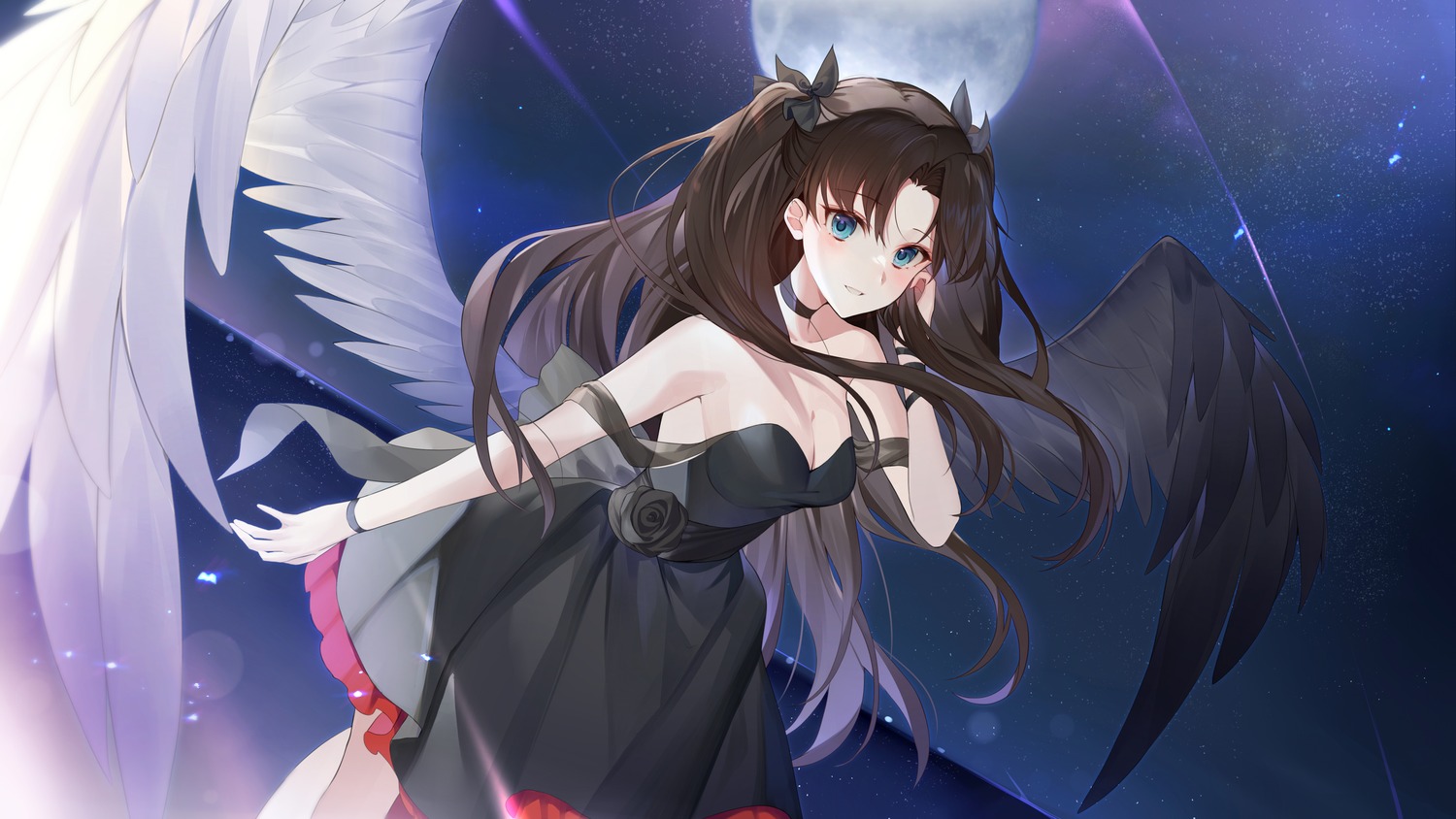 cleavage dress fate/stay_night ion_(on01e) no_bra see_through toosaka_rin wings