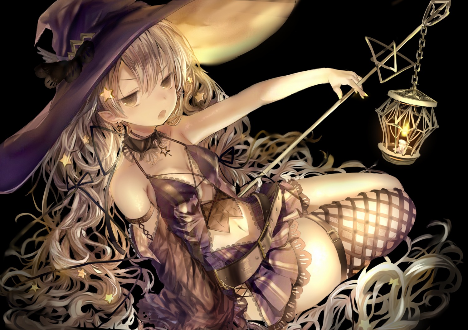 cleavage fishnets iijima_masashi pointy_ears thighhighs witch