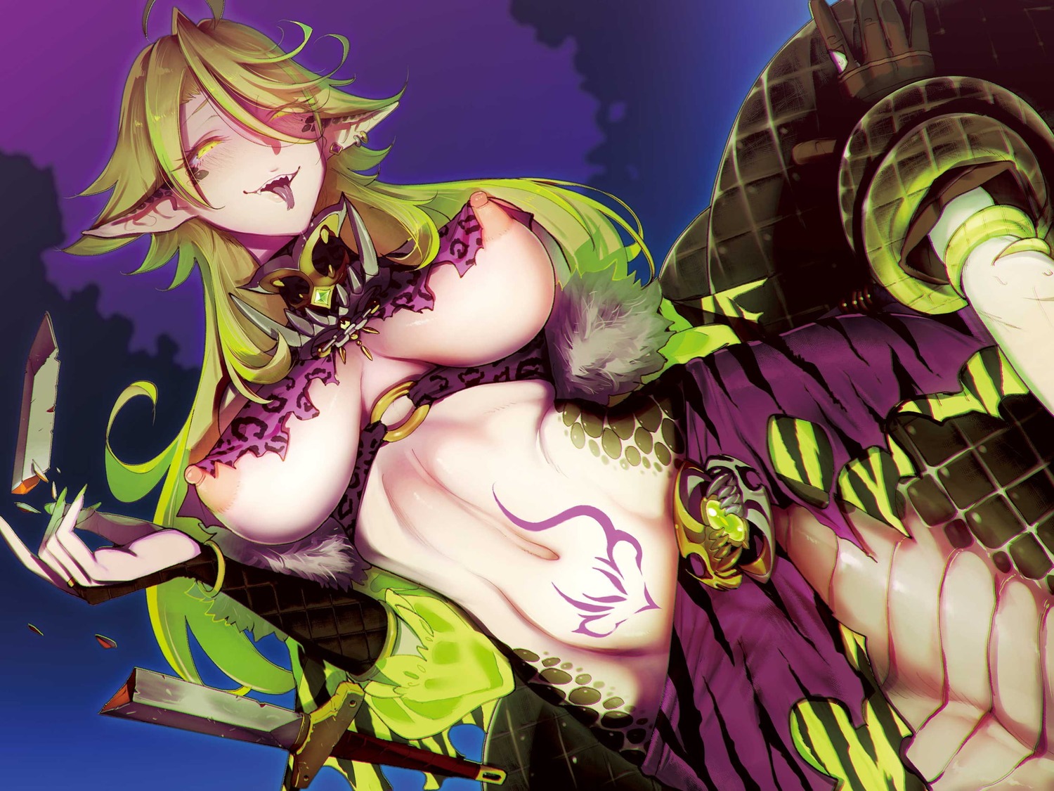 breasts monster_girl nipples no_bra pointy_ears sword tail tattoo torn_clothes z-ton