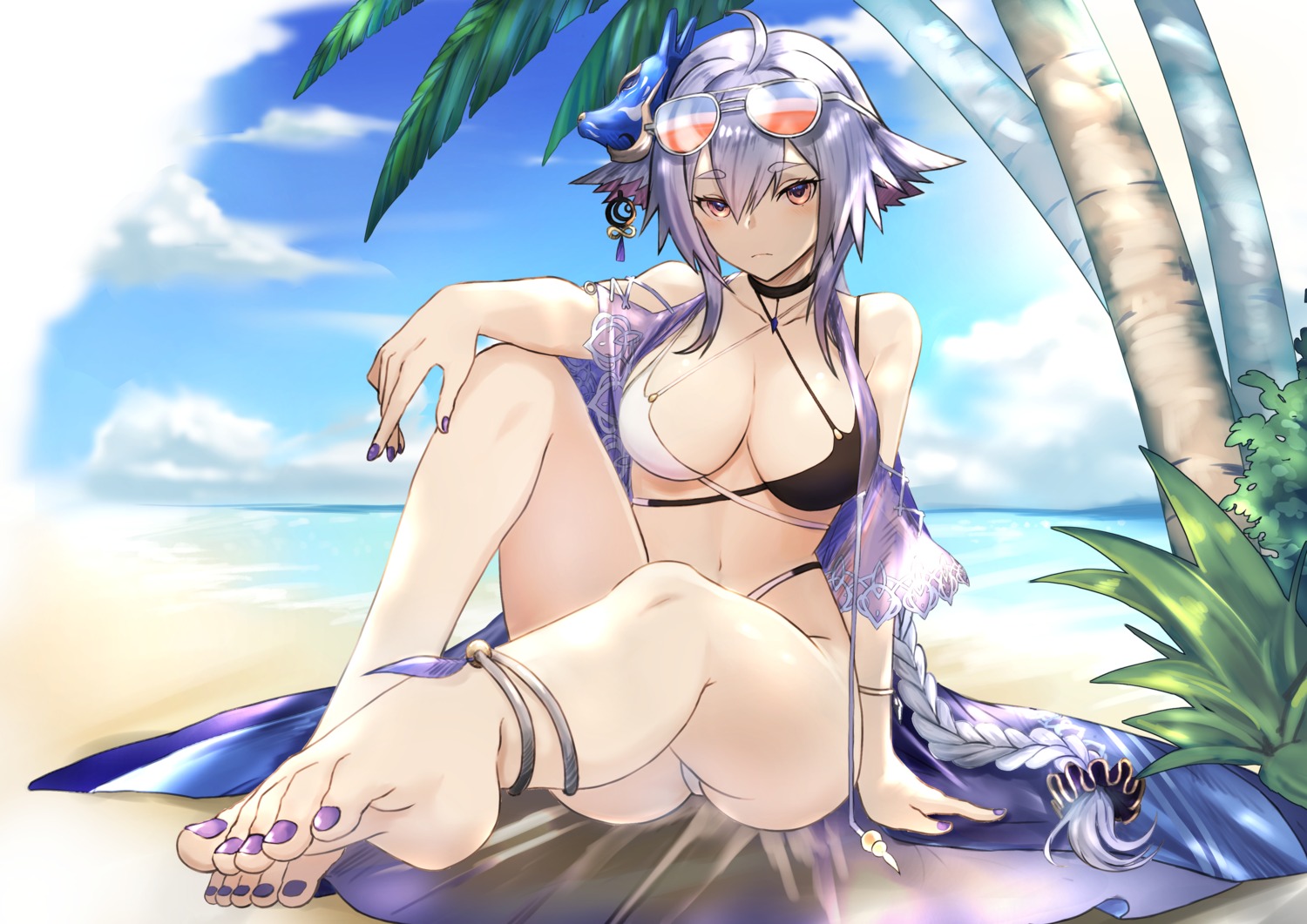 animal_ears art_itou artist_revision azur_lane bikini feet megane open_shirt see_through swimsuits tosa_(azur_lane)