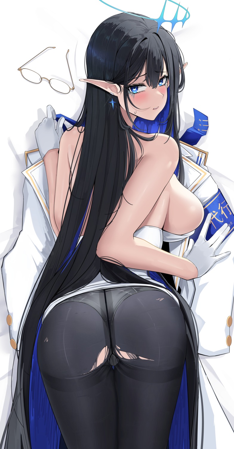 ass blue_archive giga-tera halo nanagami_rin no_bra pantsu pantyhose pointy_ears skirt_lift thong torn_clothes