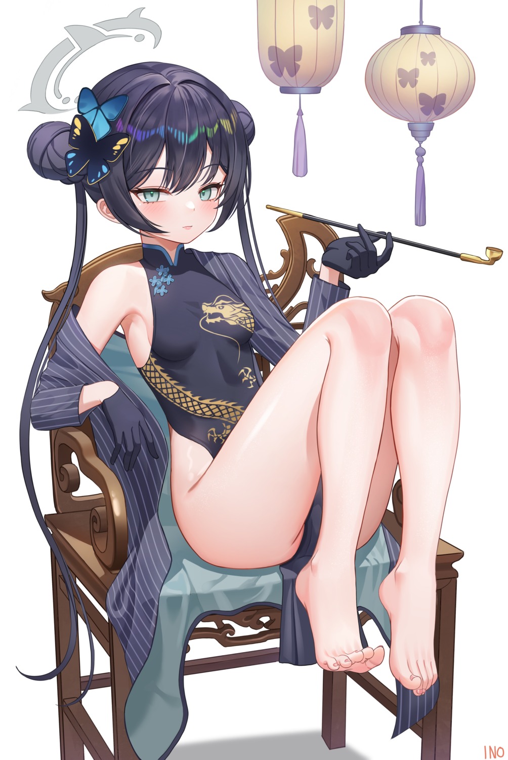 blue_archive chinadress feet halo iino_(isnyong) loli nopan ryuuge_kisaki smoking