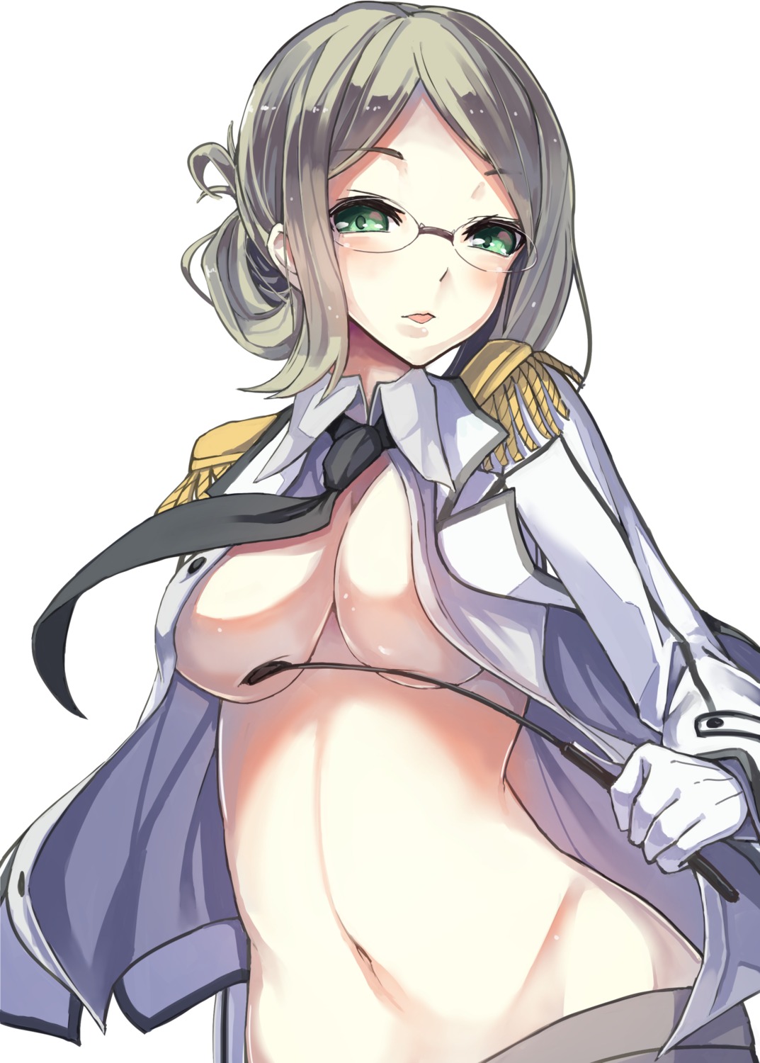 kantai_collection katori_(kancolle) konkito megane no_bra open_shirt underboob uniform