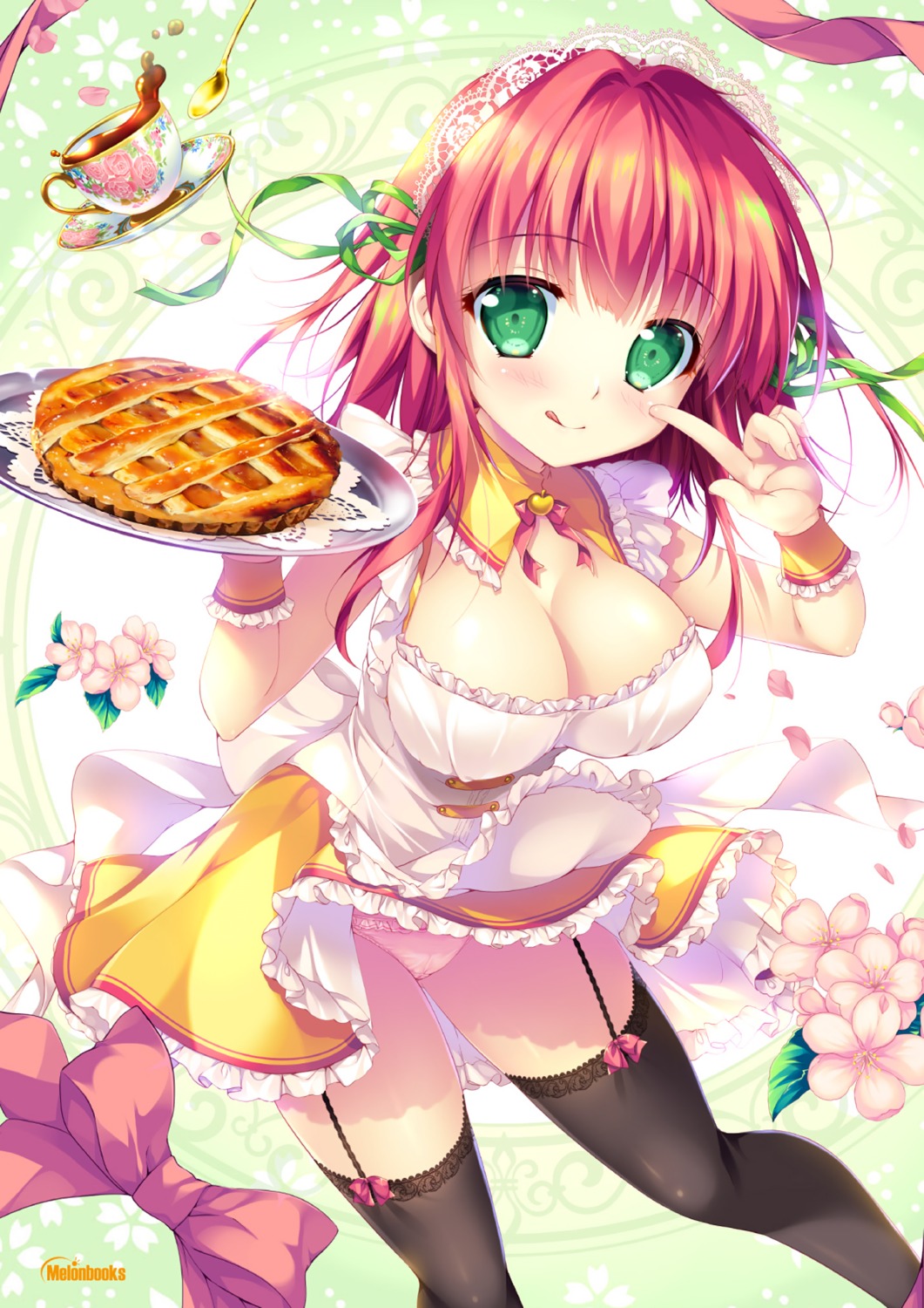 aliasing cleavage mikeou pantsu skirt_lift stockings thighhighs waitress