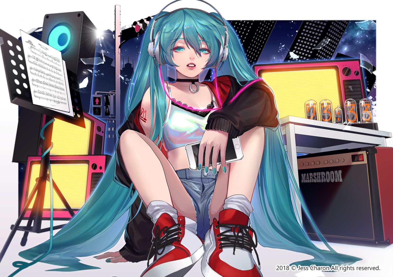 cleavage hatsune_miku headphones jing_(1561659763) tattoo vocaloid