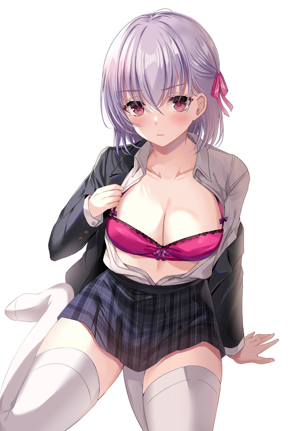 bra fate/grand_order harimoji kama_(fate/grand_order) open_shirt seifuku thighhighs undressing