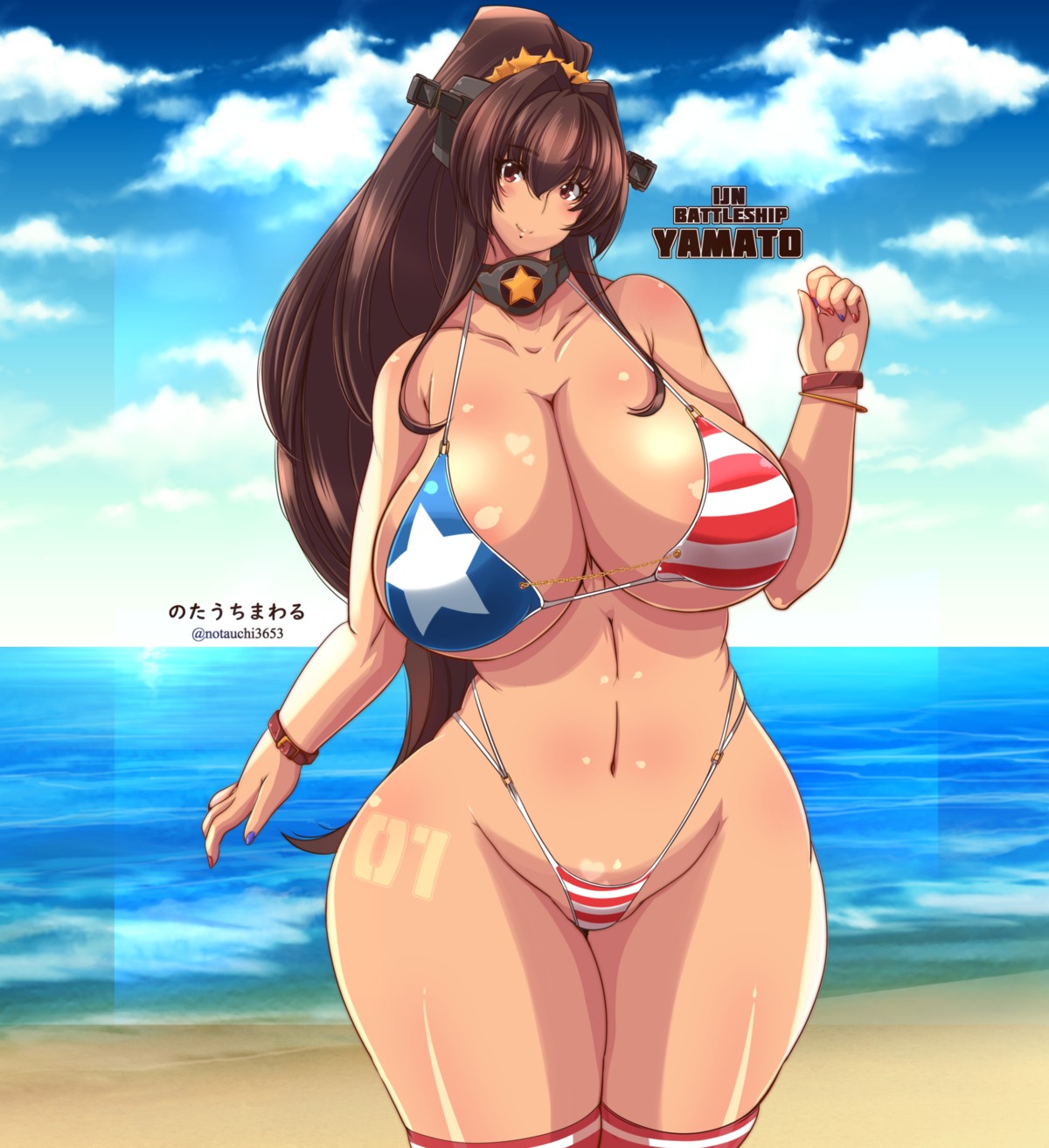 areola bikini kantai_collection notauchi_mawaru_ni-shiki swimsuits tattoo thighhighs yamato_(kancolle)