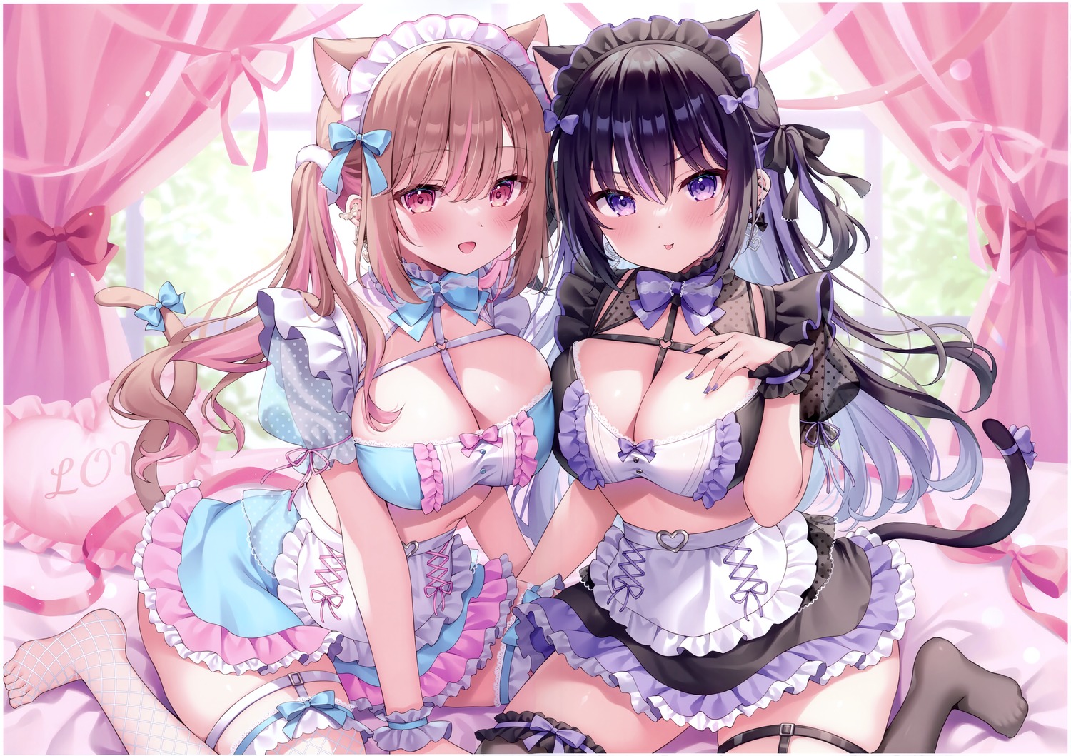 animal_ears fishnets garter maid nekomimi no_bra shiono_room siooooono stockings tail thighhighs