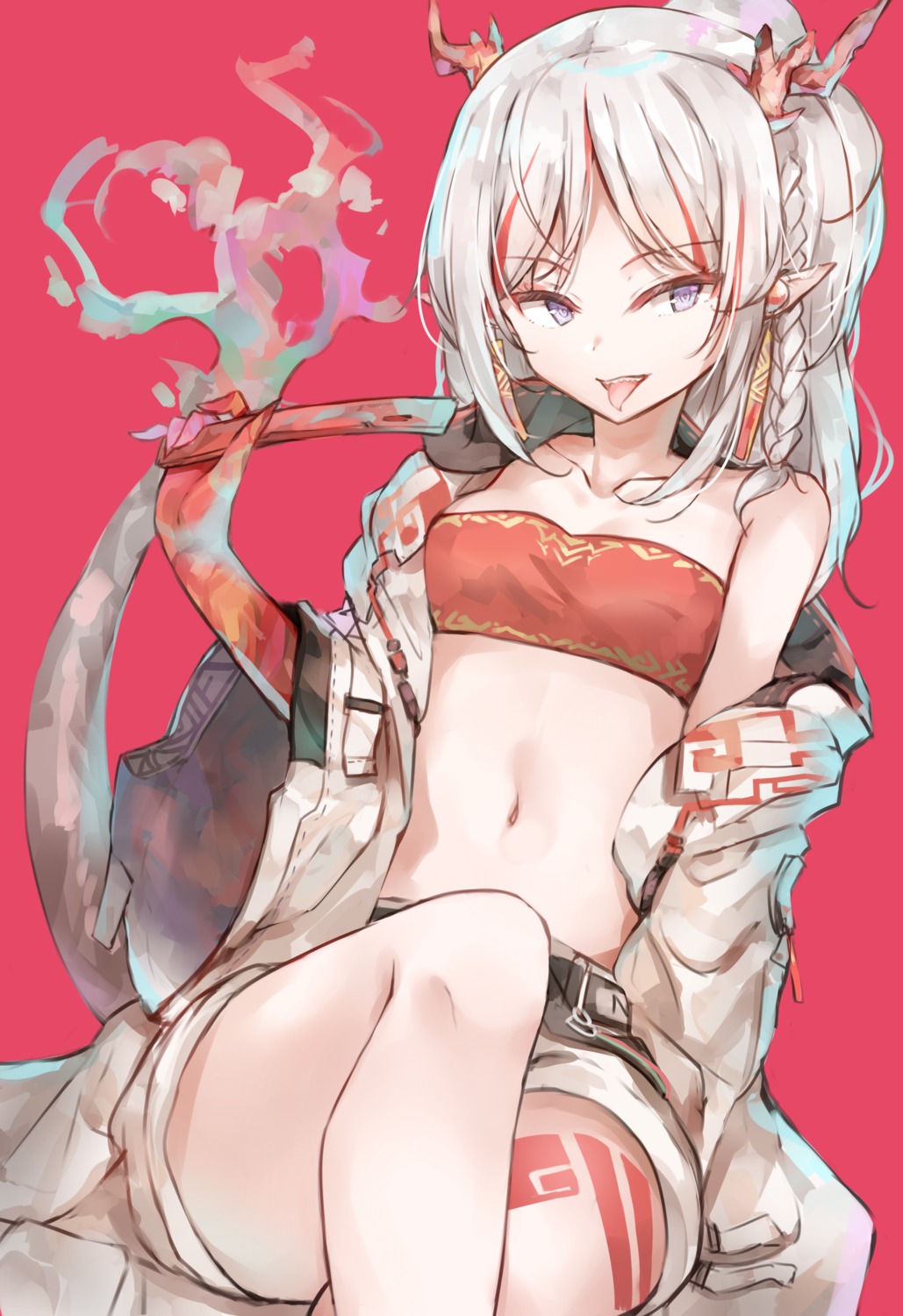 7gao arknights cleavage horns nian_(arknights) open_shirt pointy_ears tattoo