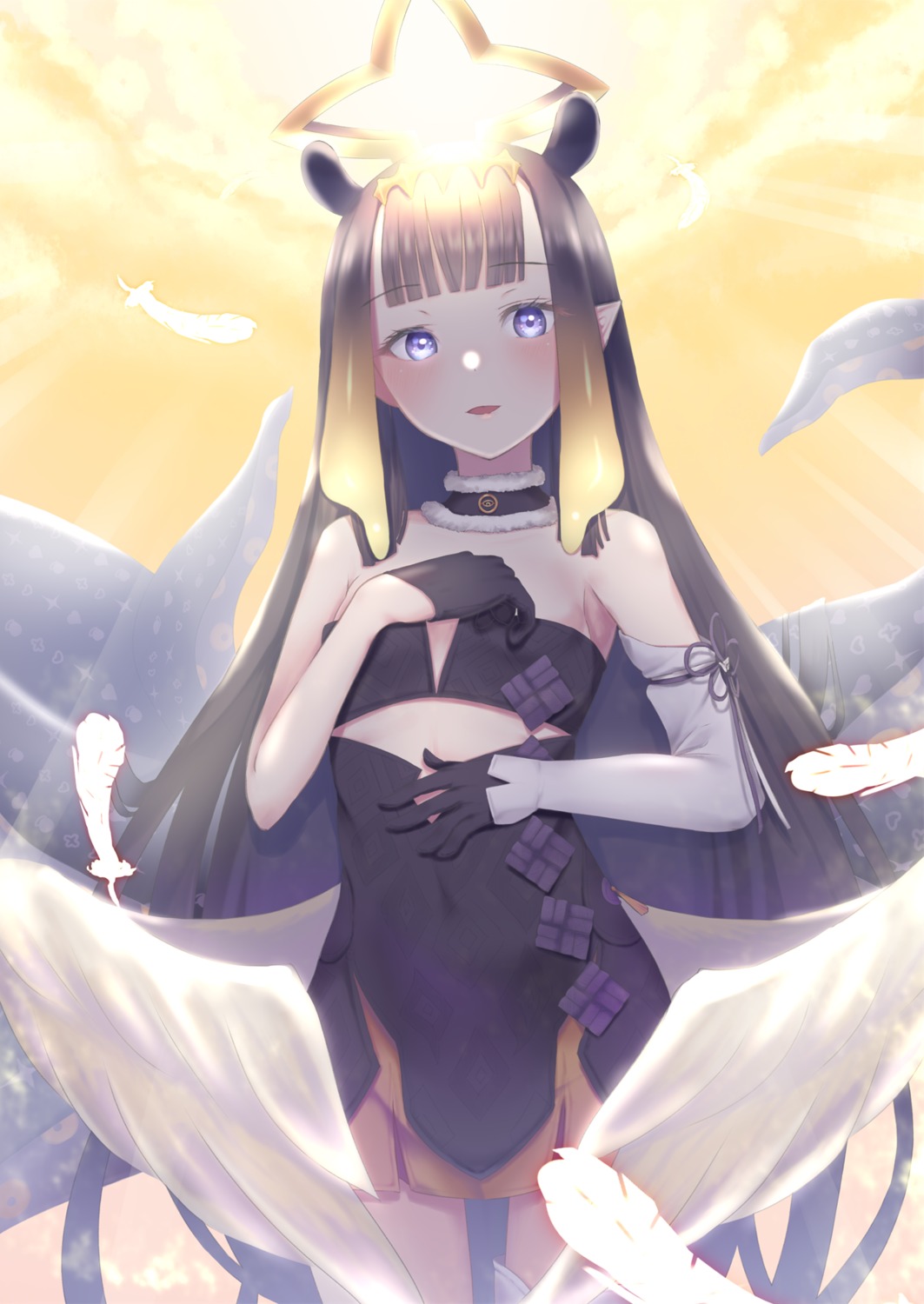 angel dress hololive hololive_english ichi-go loli ninomae_ina'nis no_bra pointy_ears tentacles thighhighs wings