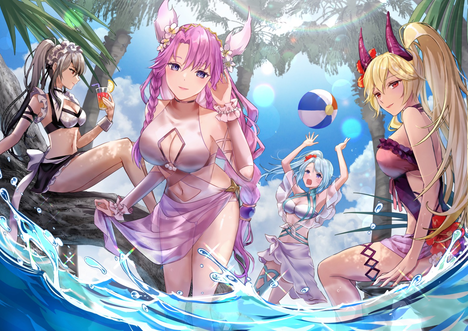 akashic_chronicle bikini cleavage garter horns kusunokinawate see_through skirt_lift swimsuits thighhighs wet