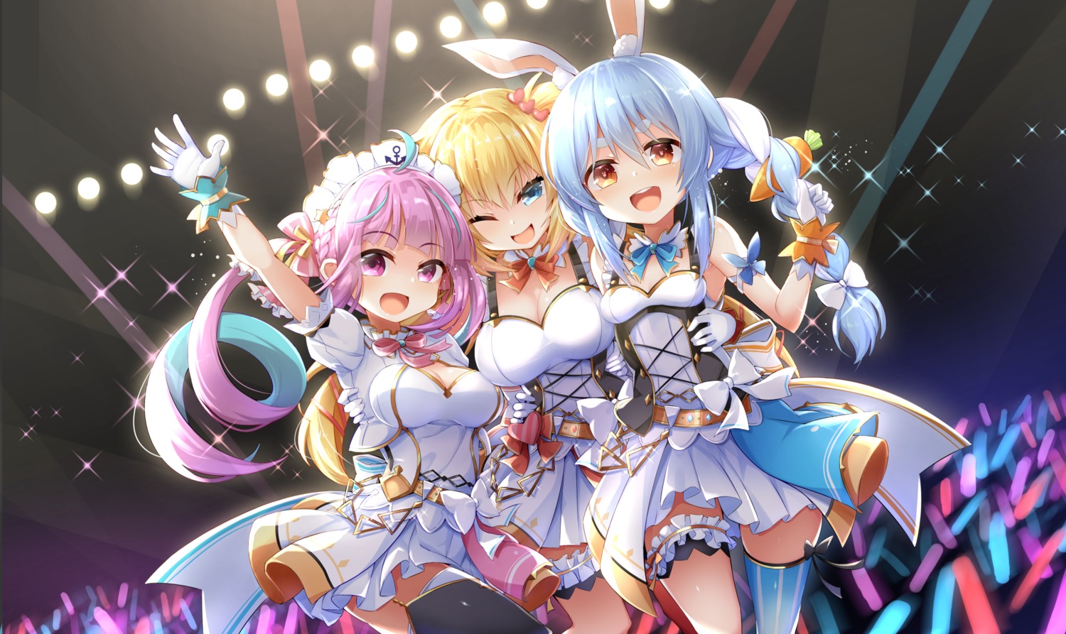 akai_haato animal_ears bunny_ears cleavage garter hololive minato_aqua sasamashin thighhighs usada_pekora