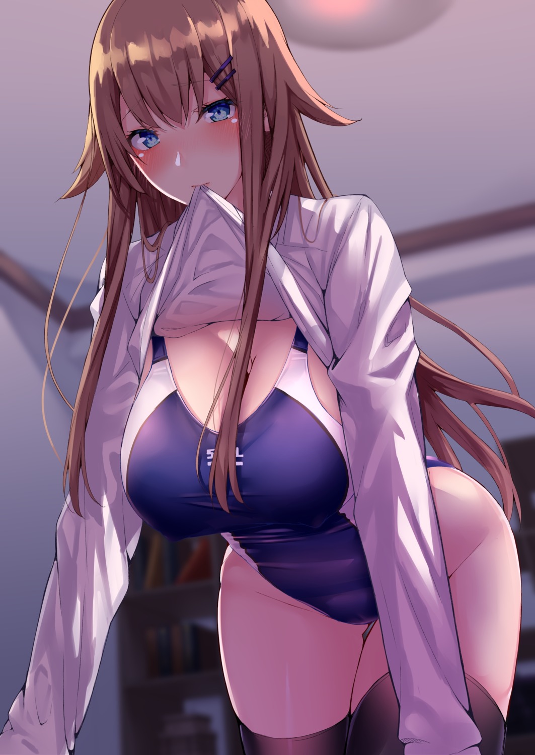 cleavage kaeru_no_ashi skirt_lift swimsuits thighhighs