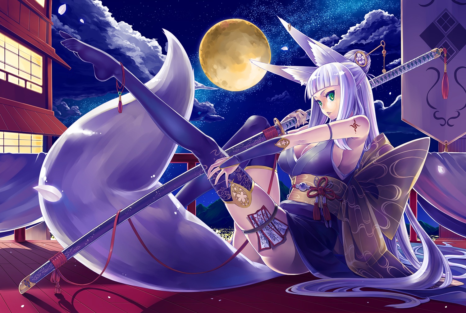 animal_ears cleavage garter japanese_clothes kitsune seihou sword tail tattoo thighhighs