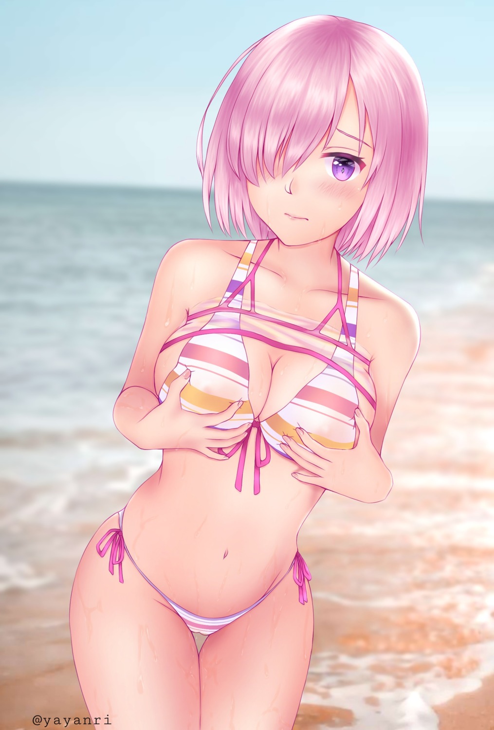 bikini breast_grab cameltoe erect_nipples fate/grand_order mash_kyrielight see_through shirt_lift swimsuits wet yayanri