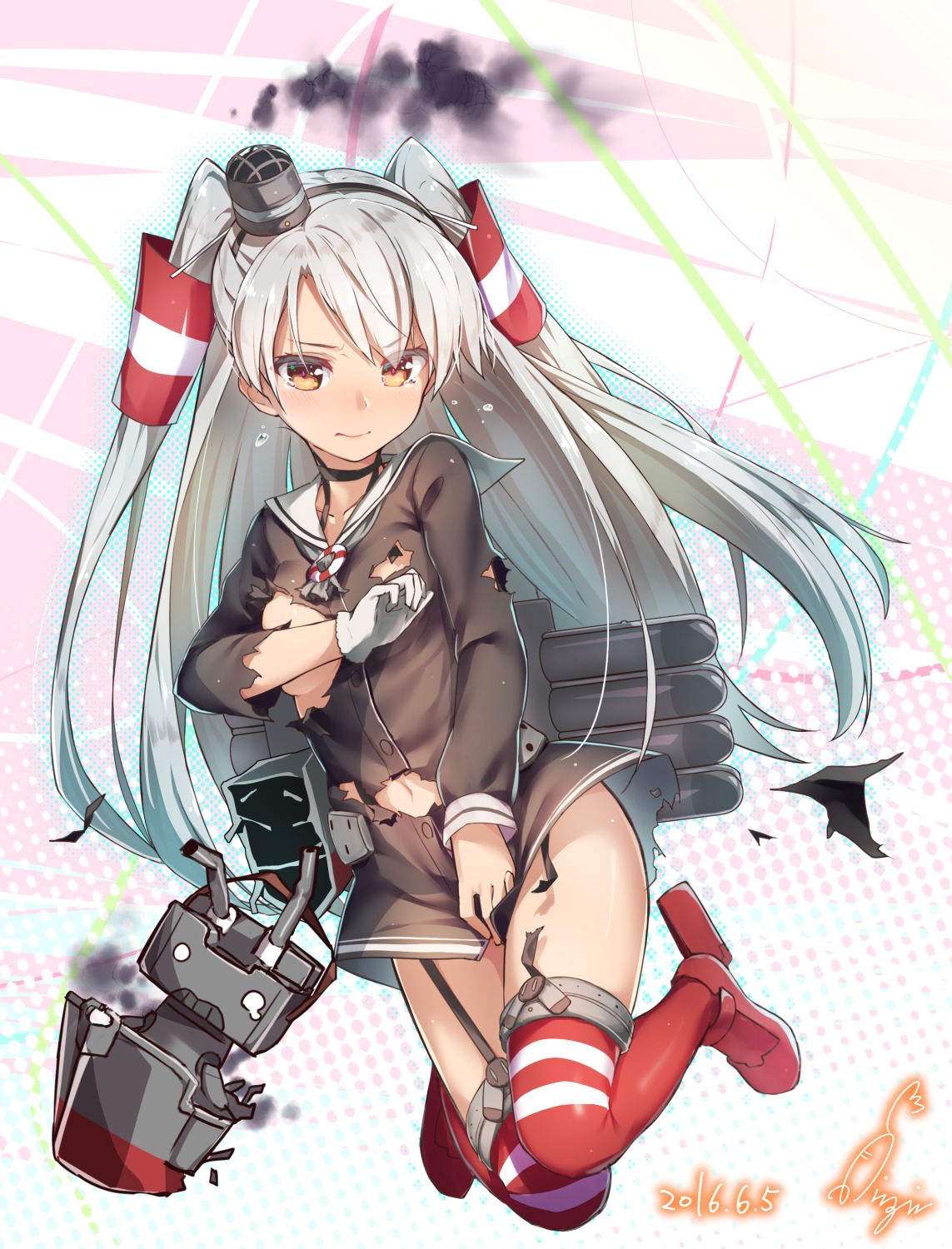 amatsukaze_(kancolle) breast_hold heels kantai_collection ninnzinn no_bra rensouhou-kun stockings thighhighs torn_clothes