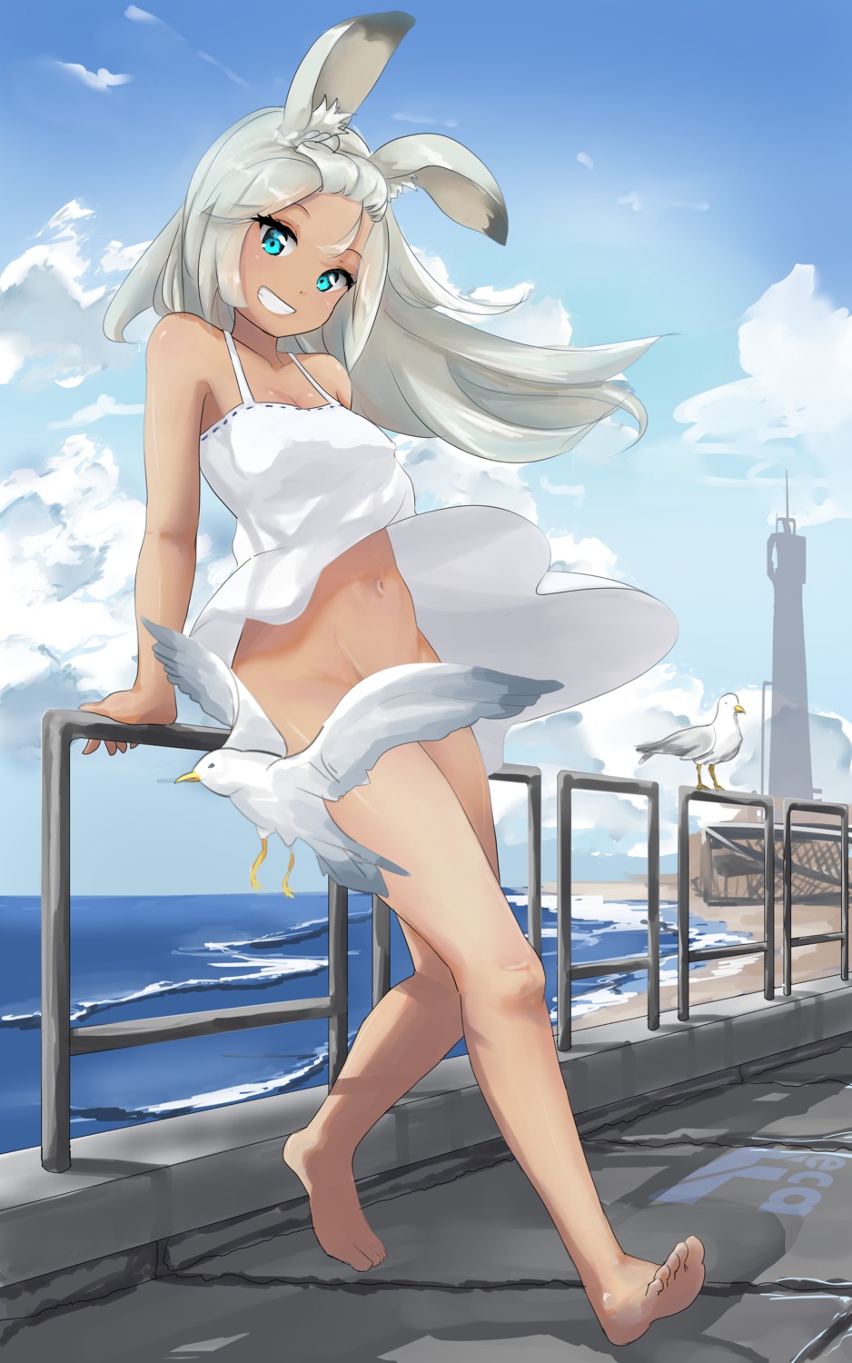 animal_ears bunny_ears dress erect_nipples feca no_bra nopan skirt_lift summer_dress