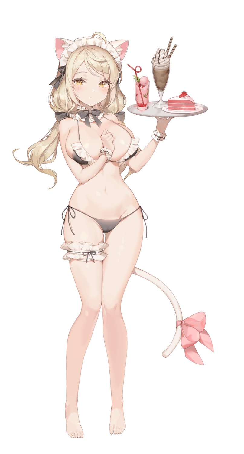 animal_ears bra breast_hold cameltoe choyeon garter nekomimi pantsu string_panties tail waitress