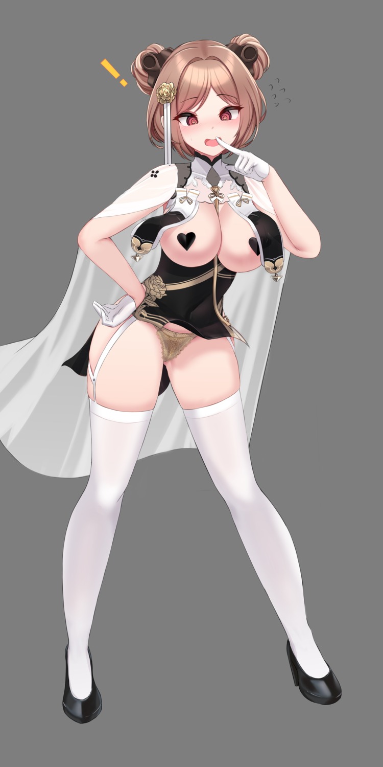 asian_clothes azur_lane breasts cosplay girls_frontline kanta_(kanta_077) no_bra p90_(girls_frontline) pantsu pasties sirius_(azur_lane) skirt_lift stockings thighhighs transparent_png wardrobe_malfunction