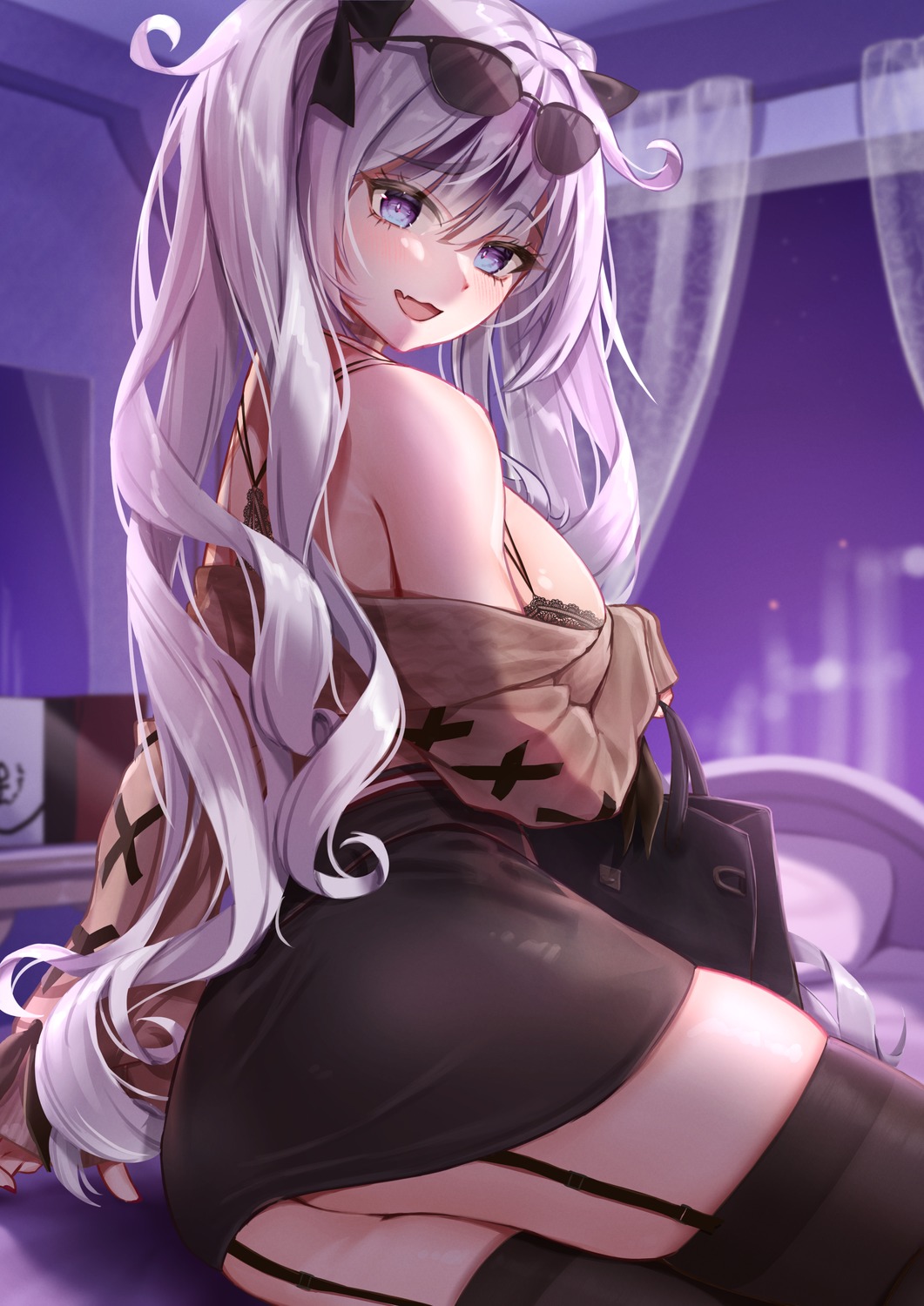 azur_lane bra classic_(zildjian33) elbe_(azur_lane) megane open_shirt skirt_lift stockings thighhighs