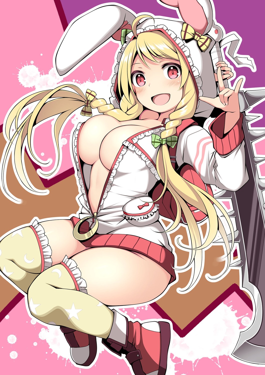 animal_ears bunny_ears kuromayu no_bra open_shirt sword thighhighs