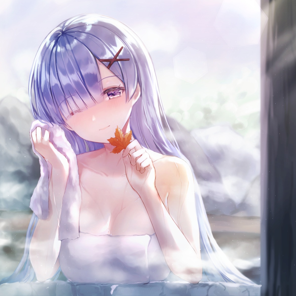 bathing cleavage meliyannn onsen re_zero_kara_hajimeru_isekai_seikatsu rem_(re_zero) towel wet
