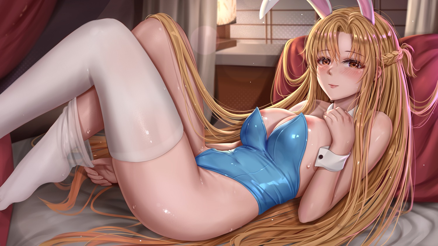 animal_ears areola asuna_(sword_art_online) bunny_ears bunny_girl no_bra suuru sword_art_online thighhighs undressing