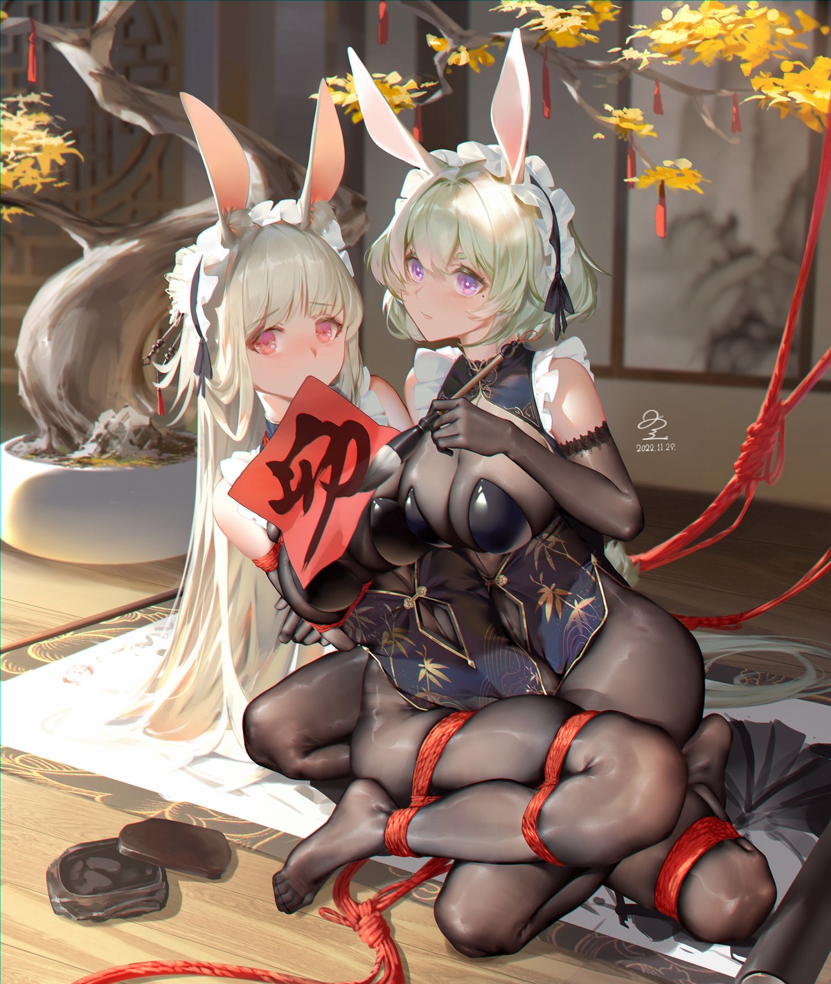 animal_ears bodysuit bondage bunny_ears chinadress no_bra ribao see_through yuri