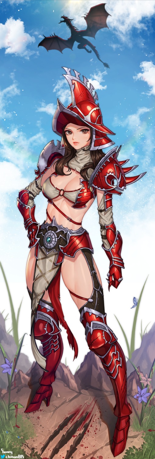 armor bikini_top blood choney cleavage heels monster stockings thighhighs torn_clothes underboob
