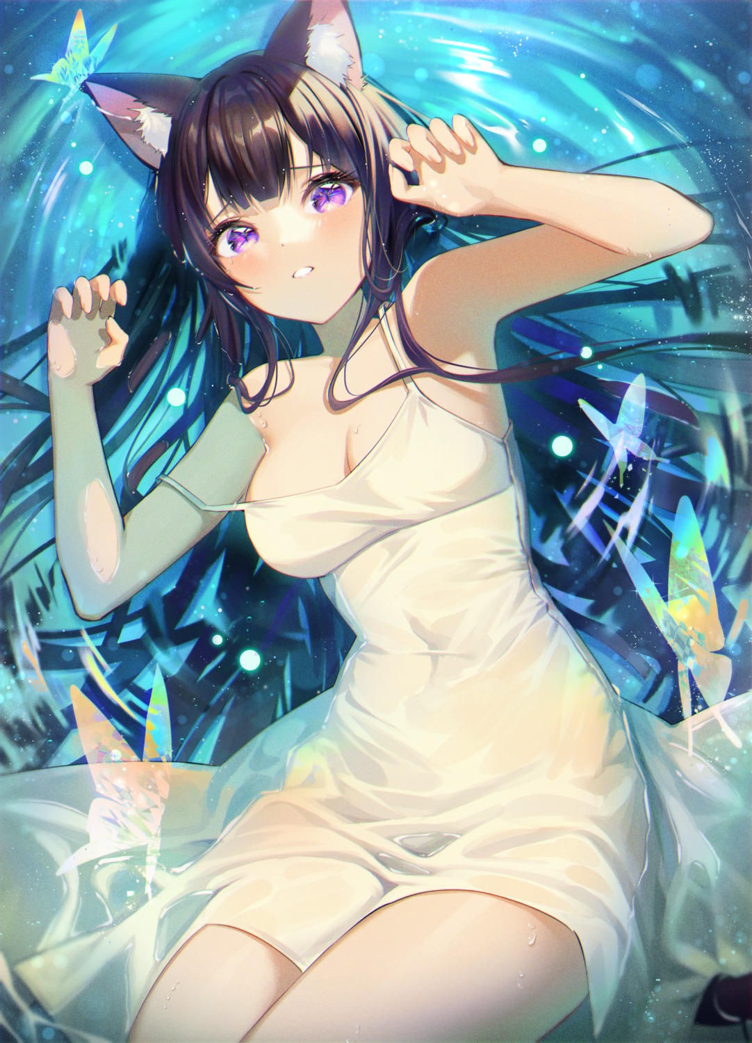 animal_ears dai_nikucho dress nekomimi no_bra nopan see_through skirt_lift summer_dress wet wet_clothes