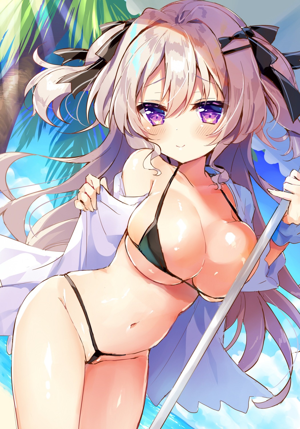 bikini breasts natsuki_marina open_shirt swimsuits thong undressing wardrobe_malfunction